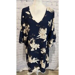BELONGSCI Women's V-Neck 3/4 Bell Sleeve Floral Shift Mini Dress, XL